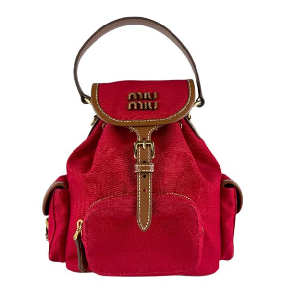 miu miu（ミュウミュウ） リュック キャンバス/レザー レッド×ブラウン