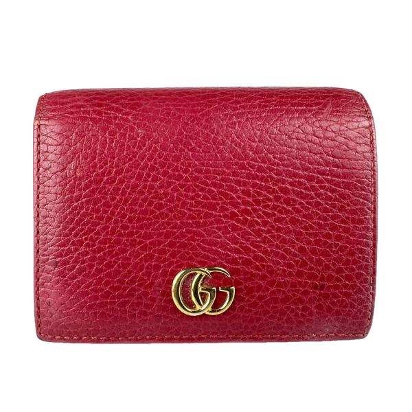 ✨美品✨ グッチ 長財布 マーモント 二つ折り フラップ シボ レザー GG 赤 GUCCI（グッチ） 二つ折り長財布 GGマーモント レザー ダークレッド
