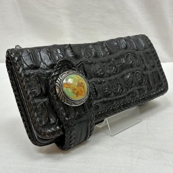 古着 本革 クロコダイル レザー 二つ折り 長財布 ターコイズ