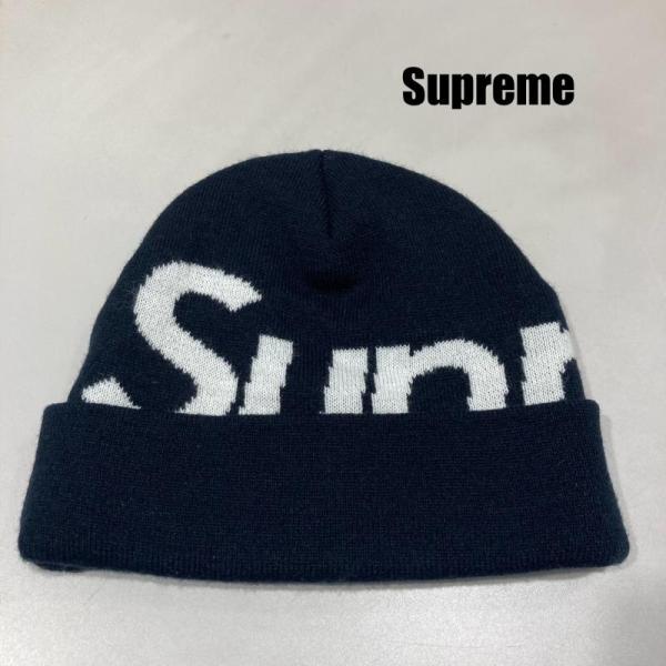 Supreme 黒 ニット帽 アクリル100% シュプリーム ビーニー ニット帽 ビックロゴ アクリル100% ブラック