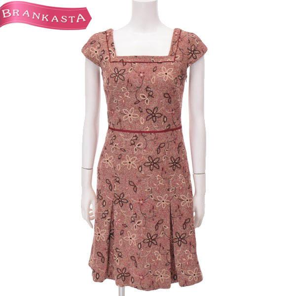 トッカ ワンピース ひざ丈 0 S相当 半袖 ツイード 花柄刺繍 スクエア