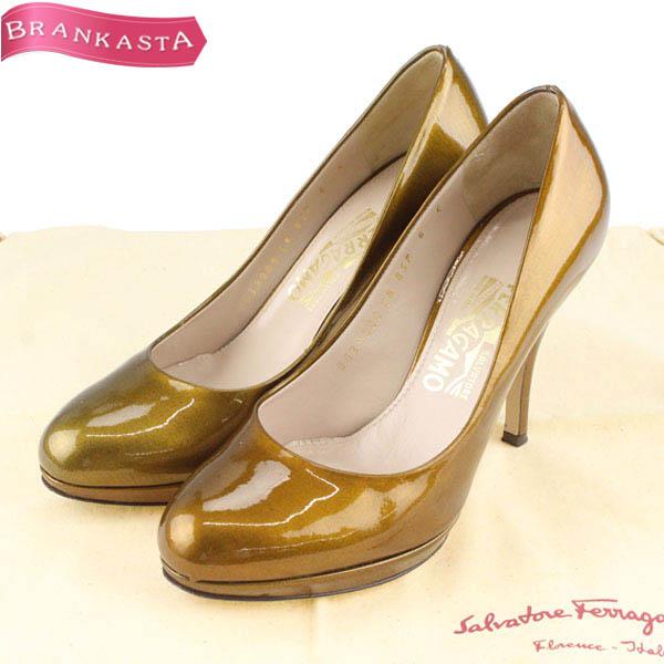 送料込】 6 サルヴァトーレ・フェラガモ 23.5 ゴールド/EC191 パンプス