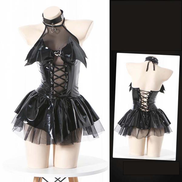 二次元風 魔女コスプレ 衣装 透け感 レースアップ ワンピース Tパンツ チョーカー付き メッシュ レース 光沢 PUレザー ミニスカート