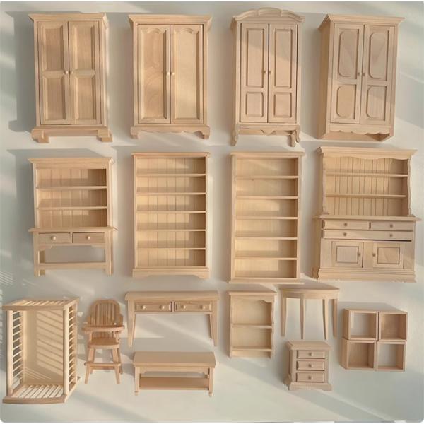 1/12スケール対応の未塗装木製ミニチュア家具セットは、BJD・OB11・GSCなどのドールにぴったり！クローゼットやベビーベッド、引き出し付き収納、キッズチェア、ミニデスクなど豊富なラインナップ◎天然木使用で軽量＆加工しやすく、塗装や装飾...
