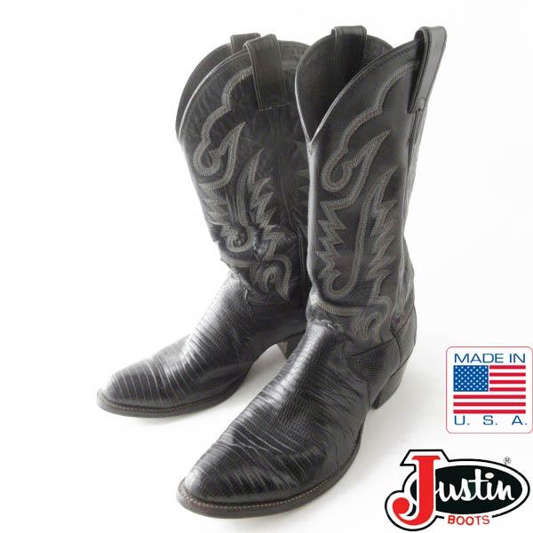 USA製 JUSTIN BOOTS ブラックリザードウェスタンブーツ 26.5 USA製 Justin ジャスティン リザード ウエスタンブーツ 黒 11D 29cm