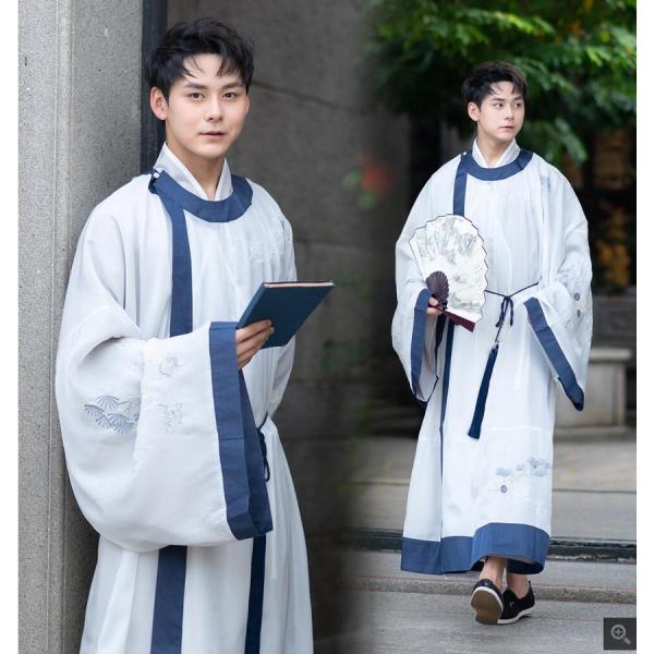 上品な漢服　メンズチャイナ服　中華服　男性　女性漢服唐装　唐宋風　白に紺色縁取り　松　雲刺繍　広袖　