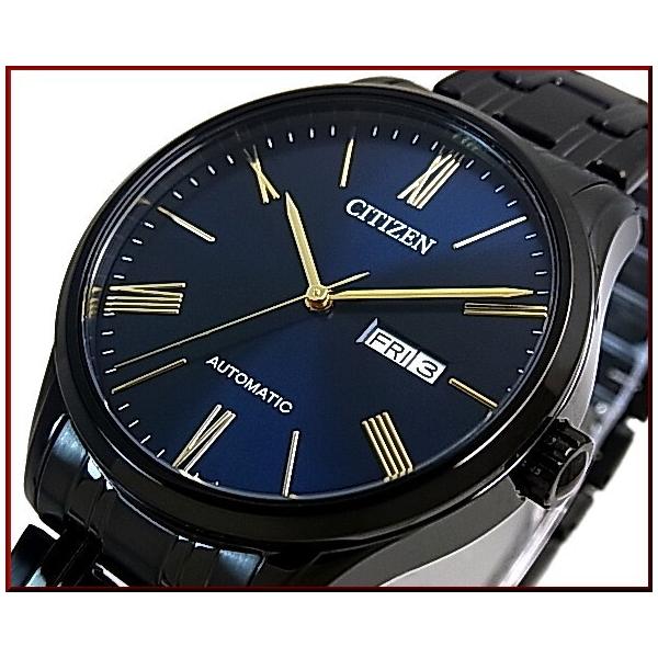 CITIZEN Automatic シチズン 自動巻 メンズ腕時計 ネイビー/ゴールド文字盤 ブラックメタルベルト 海外モデル NH8365