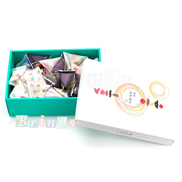 たくさんのお味のあるかりんとの詰合せ、小分けされておりお茶菓子にオススメです。おみやげ袋もお付けしておりますのでおもたせにもお使いいただけます。ポイント利用にもお使いください。