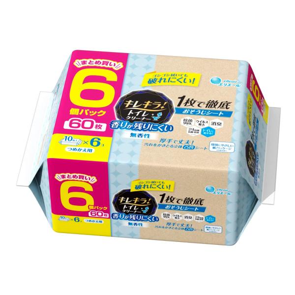 他サイト： エリエール キレキラトイレクリーナー つめかえ用 60枚(10枚×6パック) 香りが残りにくい 無香性 1枚で徹底 おそうじシートまとめ買いの商品画像