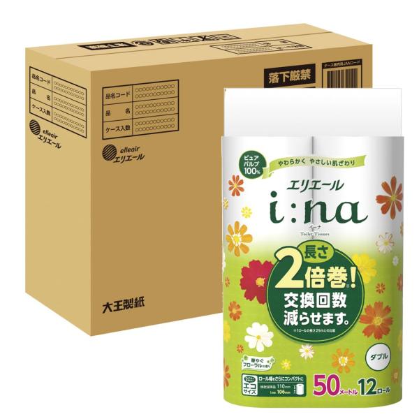 他サイト： エリエール トイレットペーパー i:na(イーナ) 2倍巻き 50m×36ロール(12ロール×3パック) ダブル パルプ100% 華やぐフロの商品画像