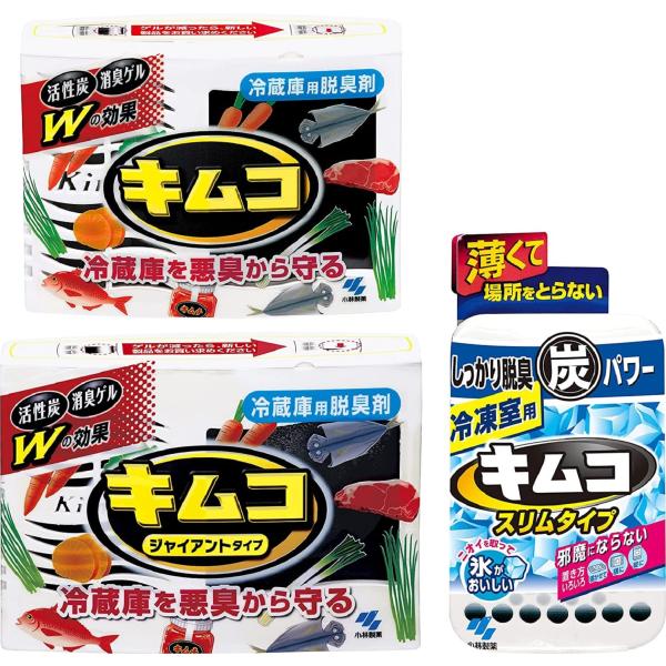 他サイト： キムコ まとめ買い 冷蔵庫 脱臭剤 まるごとセット (大型冷蔵室用 中型冷蔵室用 冷凍室用) 活性炭と消臭ゲルのW効果 冷蔵庫用脱臭剤 消臭の商品画像