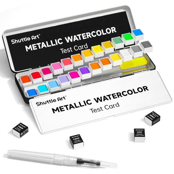 Shuttle Art 固形水彩絵の具 メタリック 24色セット 固体水彩 ハーフパン 鮮やか 金属色 パレート 水筆ペン 画用紙付き 透明