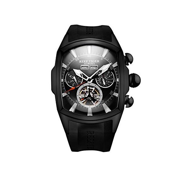 Reef Tiger 男性運動腕時計 トゥールビヨン 自動巻き 腕時計 ブラック 