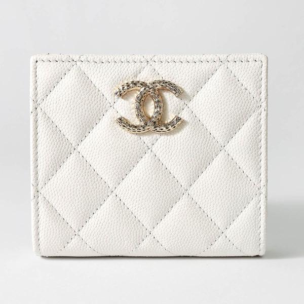 CHANEL 二つ折り財布 ココマーク ロゴ入り キャビアスキン 白 レザー CHANEL 並行輸入 シャネル 2つ折り財布 キャビアスキン SMALL
