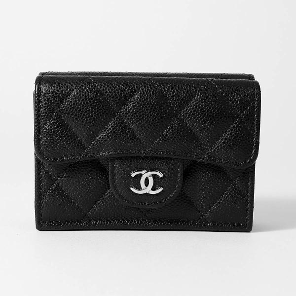 CHANEL がま口　キャビアスキン　ブラックレザー 三つ折り財布 CHANEL がま口 キャビアスキン ブラックレザー 三つ折り財布