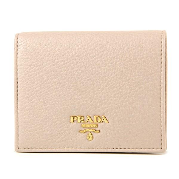 美品✨プラダ ヴィッテログレイン 二つ折り財布 レザー ベージュ ゴールド金具 美品】プラダ 二つ折り財布 ヴィッテログレイン ゴールドロゴ シボ革