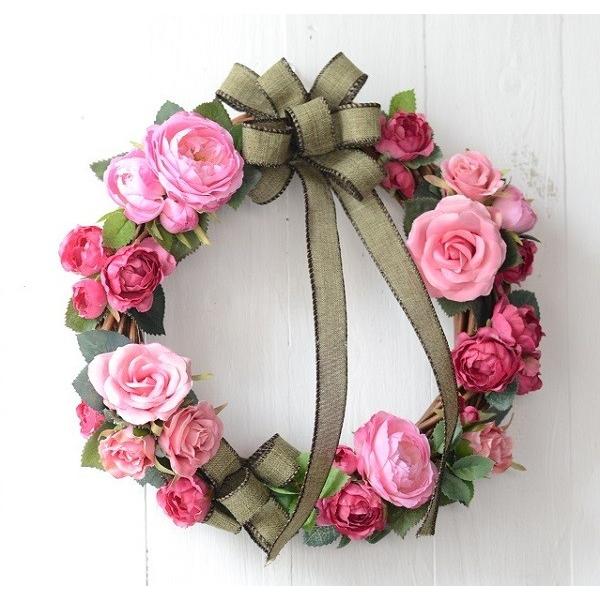 フラワーリース♡ローズガーデン 造花 玄関リース 玄関飾り薔薇♡ リース 玄関 母の日 花 完成品 造花 ローズガーデンリース バラ ピンク