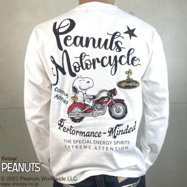 SNOOPY スヌーピーxFLAGSTAFFコラボ長袖Tシャツ ロンT 453001 ホワイト アメカジ バイカー バイク キャラクター PEANUTS