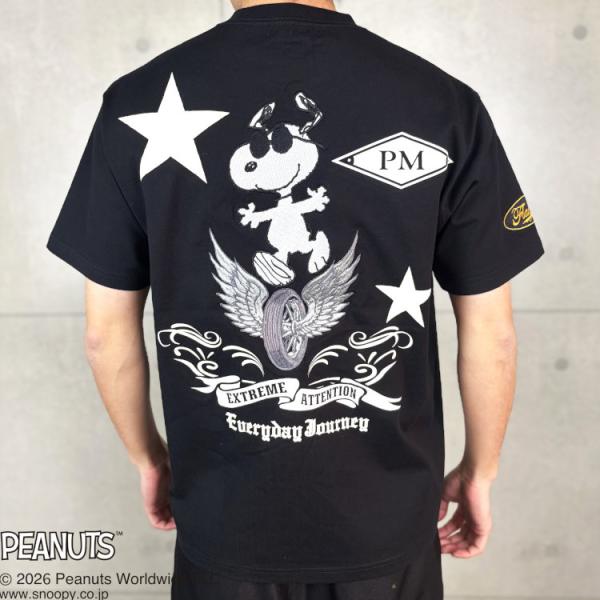 スヌーピーxFLAGSTAFFコラボ半袖Tシャツ 462022 PEANUTS PM アメカジ キャラクター PEANUTS バイク