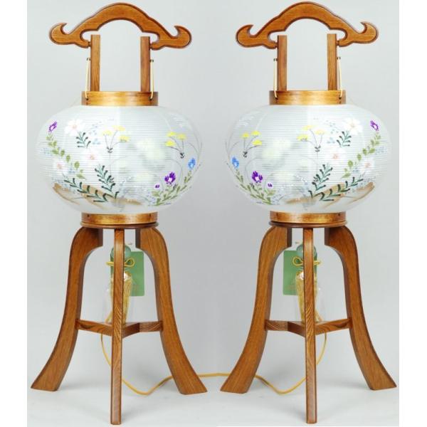 小型盆提灯左右対称絵柄七草10号雅木目絹二重張木地色(1対入