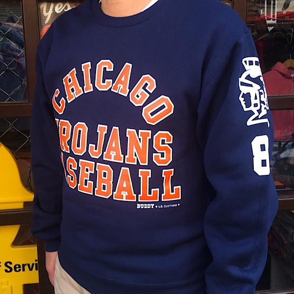 クルーネックスエット CHICAGO TROJANS BASEBALL BUDDY オリジナル クルー スウェット ネイビー 12oz 裏起毛 アメカジ メンズ 長袖 丸首 トレーナー