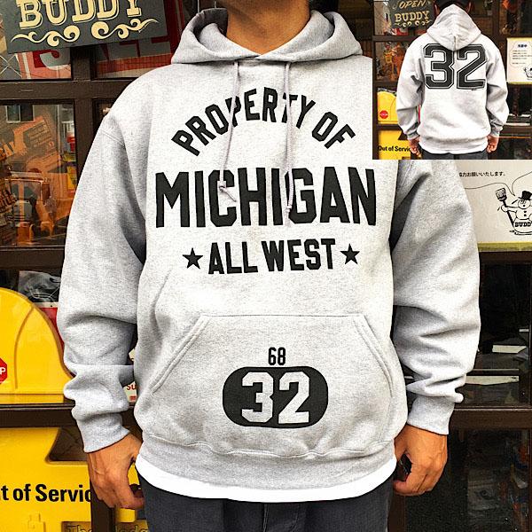 プルオーバーパーカー MICHIGAN #32 BUDDY オリジナル ヘビーウエイト プルオーバースウェットパーカー グレー 12oz 裏起毛 アメカジ 長袖 フーディ HOODIE