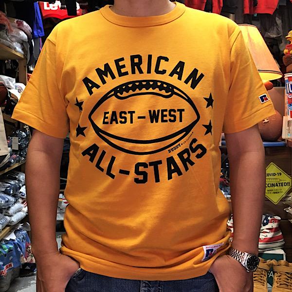 ラッセル アスレチック BUDDY 別注 RUSSELL ATHLETIC Ｔシャツ AMERICAN ALL STARS アメカジ ロゴ T-sh メンズ 半袖 ゴールド イエロー