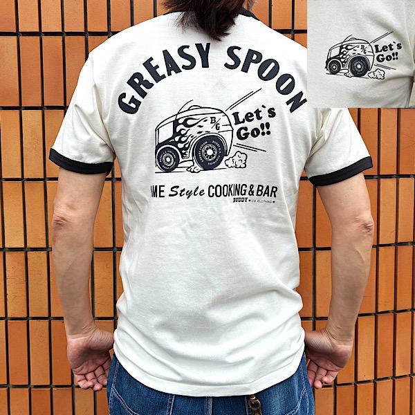 リンガーＴシャツ  Let’s Go!! Greasy Spoon クルーネックTシャツ BUDDY オリジナル プリント入り 半袖 メンズ レディース ユニセックス おしゃれ アメカジ