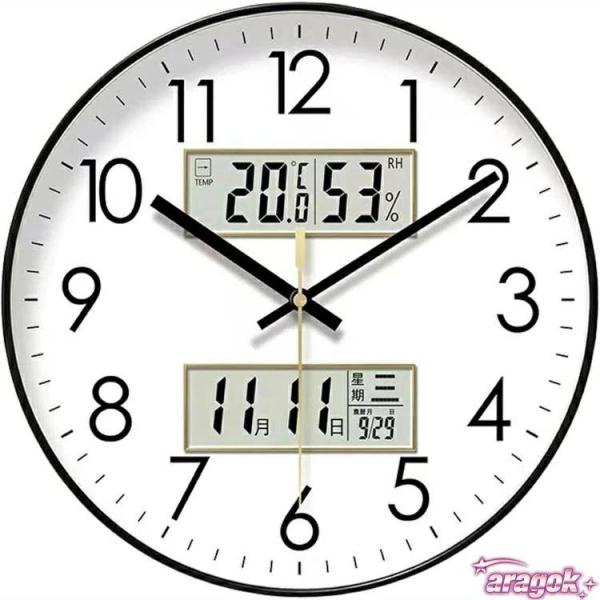 壁掛け時計 アナログ 掛け時計 温度 湿度 カレンダー デジタル LCD ディスプレイ 電波 静音 連続秒針 電波時計 温度計 湿度計 掛時計｜省スペ