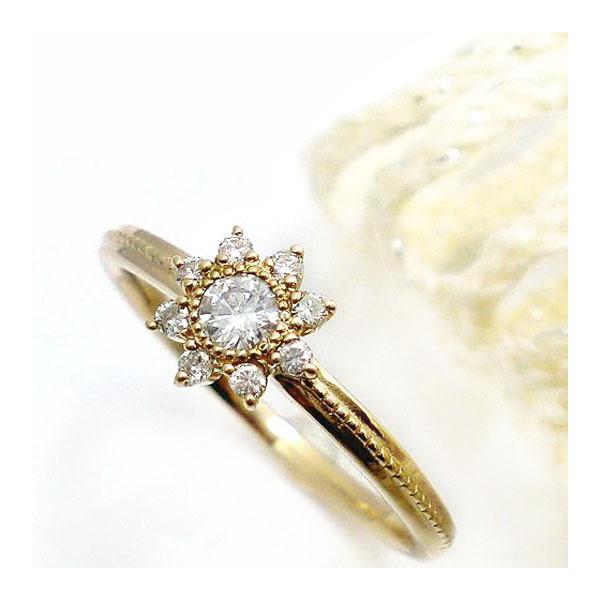 K18 ダイヤモンド 0.18ct リング 指輪 k18 アンティーク調 フラワー 
