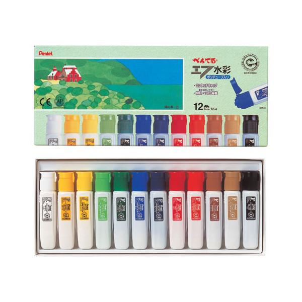 【仕様】●色：１２色セット（レモンいろ、きいろ、おうどいろ、ちゃいろ、しゅいろ、あか、きみどり、ビリジアン、あお、あいいろ、くろ、しろ）●容量：１２ｍｌ●キャップは片手でも開け閉め出来るワンタッチキャップです●出る量が加減しやすい細口＋ソフ...