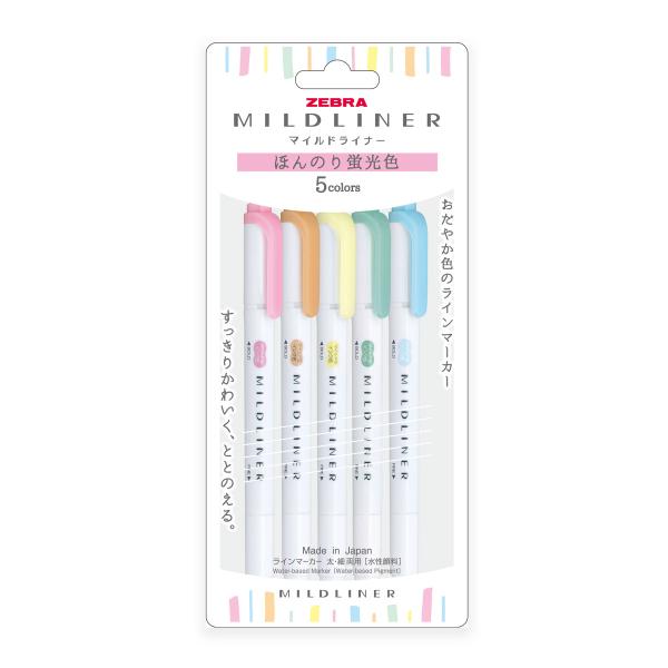 ゼブラ　WKT7-5C-N　ラインマーカー　マイルドライナー　太・細両用　水性顔料　ほんのり蛍光色　5色セット