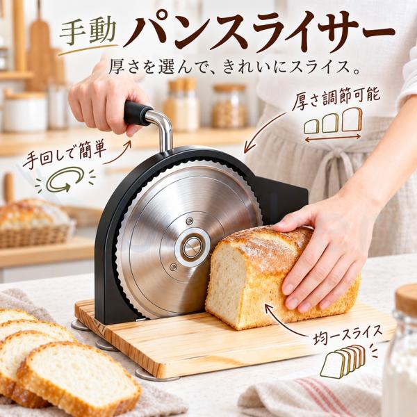 手動パンスライサー 折りたたみ式 厚さ調節可能 サワードウ トースト スライサー ステンレス鋼刃 目盛り付き 1-20mm厚さ調整可能