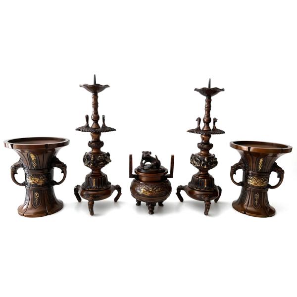 国産 木瓜菖蒲型五具足 仏具セット 4.5寸 浄土真宗本願寺派 西 仏具