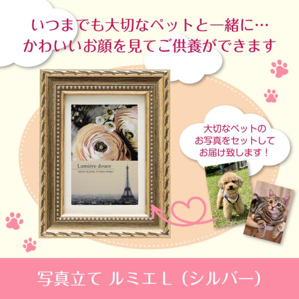 いつでもそばにあの子を感じることができ、お顔を見てご供養ができるよう届いたその日にご使用いただけます！＜商品名＞ペット用　写真立て　ルミエL＜商品内容＞サイズ：130×166×20mm材質：木製材料：PETシート・MDF、フレーム/樹脂製商...