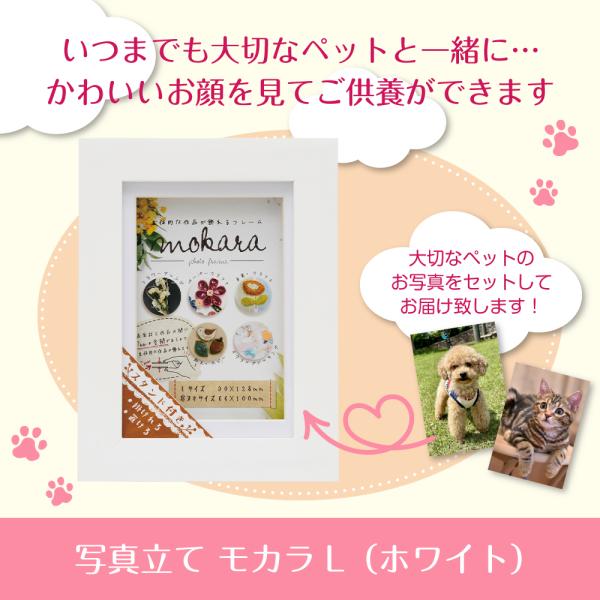 いつでもそばにあの子を感じることができ、お顔を見てご供養ができるよう届いたその日にご使用いただけます！＜商品名＞ペット用　写真立て　モカラL＜商品内容＞サイズ：117×156×16mm材質：木製材料：PETシート・MDF、フレーム/木製商品...
