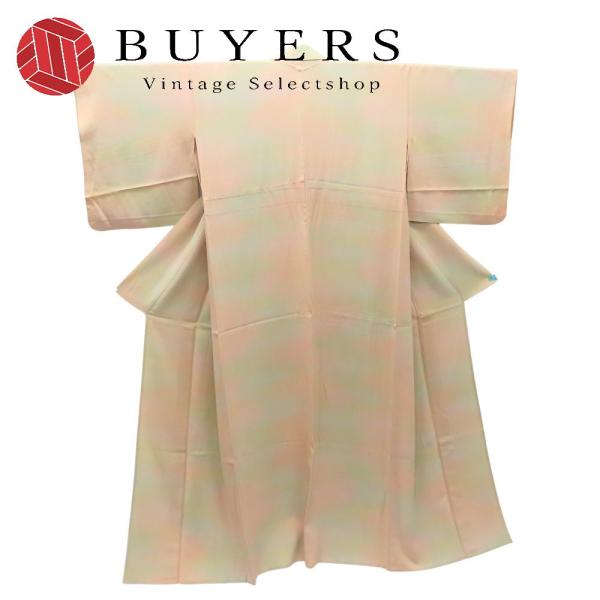 【中古】 小紋 廣瀬雄望 単衣 鮫小物 正絹(金銀糸除く) オレンジ系 グリーン系 ぼかし 落款あり 紋付き 和装 呉服 和服 きもの レディース 女性 中古 小紋 廣瀬雄望 単衣 鮫小物 正絹(金銀糸除く) オレンジ系
