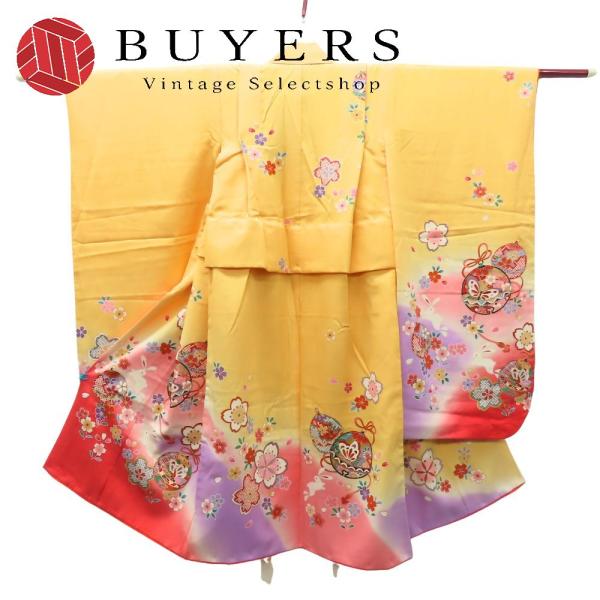中古 子供着物 祝い着 肩揚げ・腰上げ済 正絹 着丈約93cm 裄丈約47.5cm 山吹色 ピンク系 3歳用 七五三 お宮参り 和装 呉服 和服 きもの