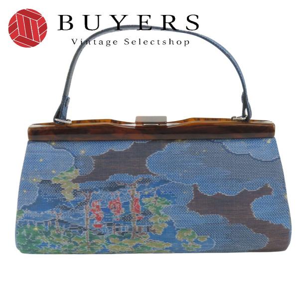 中古 和装バッグ 大島紬 正絹 プラスチック レザー ブルー系 クラッチ