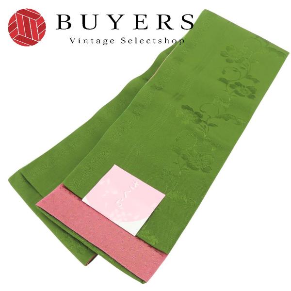 中古 未使用展示品 半幅帯 ポリエステル グリーン 草花柄 普段使い 小袋帯 和装 呉服 和服 きもの レディース 女性