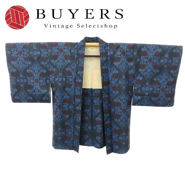 中古 羽織 正絹 着丈約81.5cm 裄丈約65cm ブルー ブラック レッド 村山大島 羽織紐つき お洒落 和装 呉服 和服 きもの レディース 女性