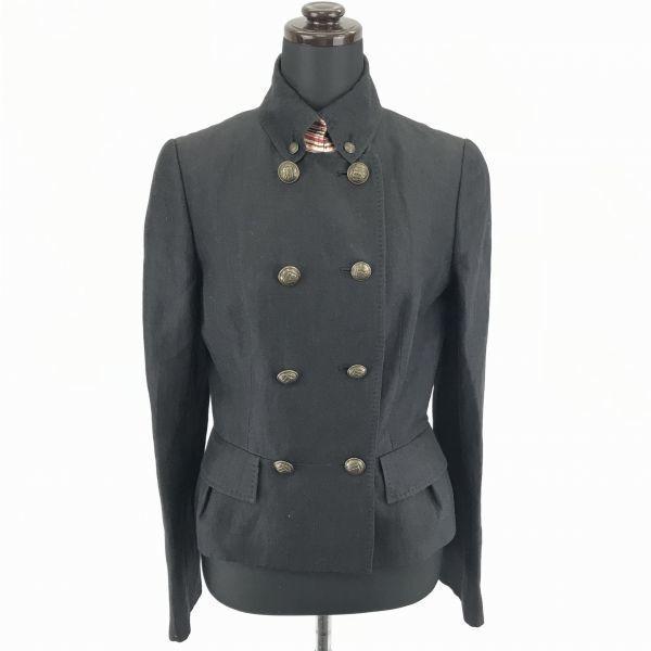 日本製★三陽商会/エポカ/EPOCA★麻/リネン/シルク使用ダブルジャケット【40/Women's size -M-L/黒】襟飾り/フラップポケット/◆BA948W