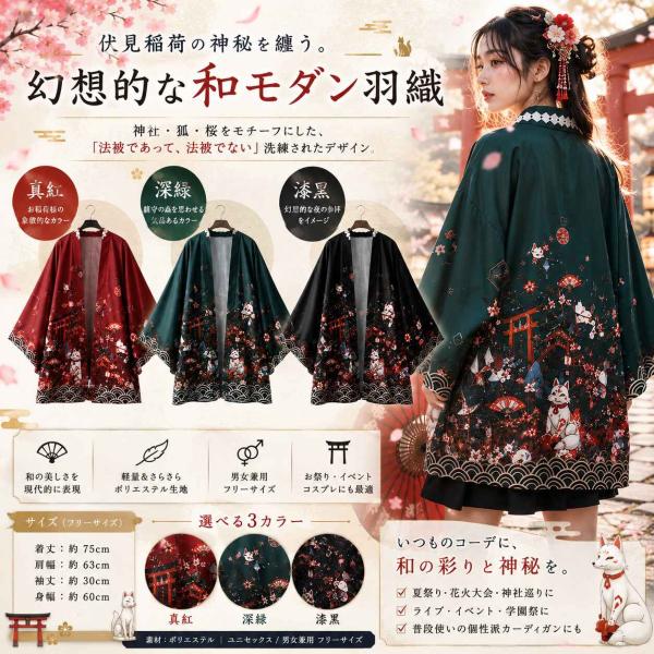 新品★幻想和柄 羽織り/着物【男女フリーサイズ/深緑カラー】 伏見稲荷/お稲荷様/和風カーディガン/浴衣/大正ロマン/キツネ/神社/夏祭り