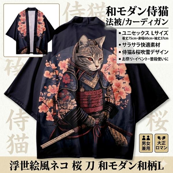 新品★注目の侍猫！法被(はっぴ【ユニセックス/Lサイズ/暗い紫】 和柄カーディガン/浮世絵風  桜 刀 カーディガン 和モダン ストリート系/コスプレ