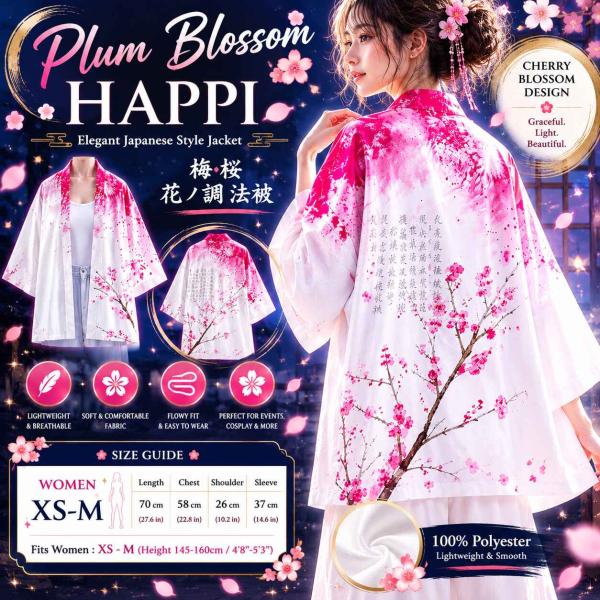 新品★桜梅/法被/レディースXS-M/Sakura Plum Blossom Happi Coat Women XS-M Japanese Kimono Haori Cardigan Pink White
