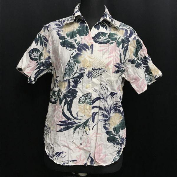 美品/日本製★シーサートロピカルウェア/SHISA WEAR★沖縄/かりゆし/ハイビスカス/パイナップル/半袖シャツ【レディースM】アロハ◆sBH897