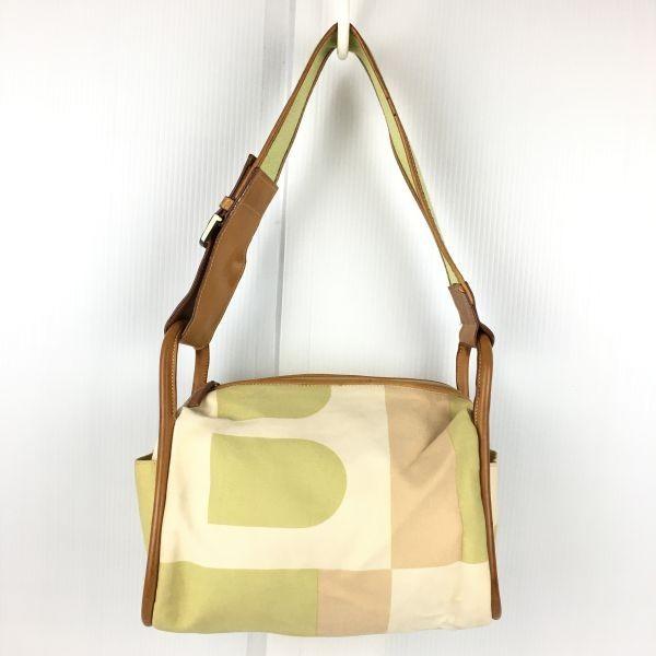 BALLY/バリー★キャンバス×レザー ショルダーバッグ【ベージュ×ライムグリーン/レディース/布 本革】　管NO.YB5-93