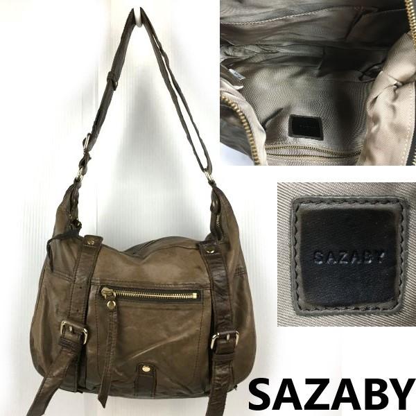SAZABY/サザビー　本革/ショルダーバッグ　ダークブラウン/焦げ茶　柔らかレザー　小物ポケット5か所　レディース　管NOYB7-68