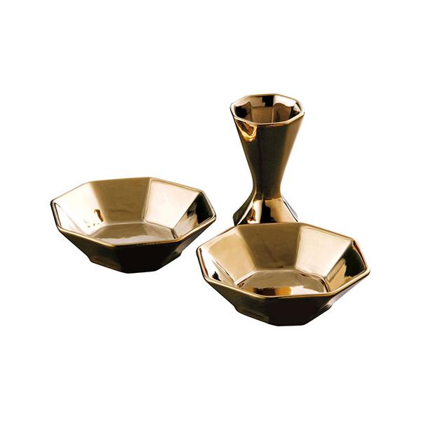 福招き金盛り塩皿揃 八角のお皿とお塩を八角錐の形に作れるカップ K60108530