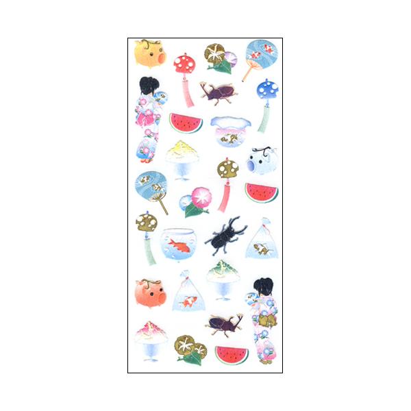 和風シール 夏の風物 JP406 1シート 風鈴 うちわ 朝顔 スイカ かき氷 蚊取り線香 カブトムシ クワガタ 和柄 日本 風情 ギフト 奥山 日本製